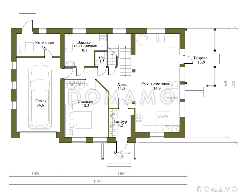 Проект загородного дома под красной кровлей с вторым светом, террасой и гаражом / План 1 этажа
