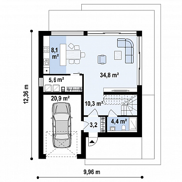 Проект загородного дома с панорамным остеклением гостиной, гаражом, кладовой и мастер-спальней на мансарде / План 1 этажа Проект загородного дома с панорамным остеклением гостиной, гаражом, кладовой и мастер-спальней на мансарде / План 1 этажа