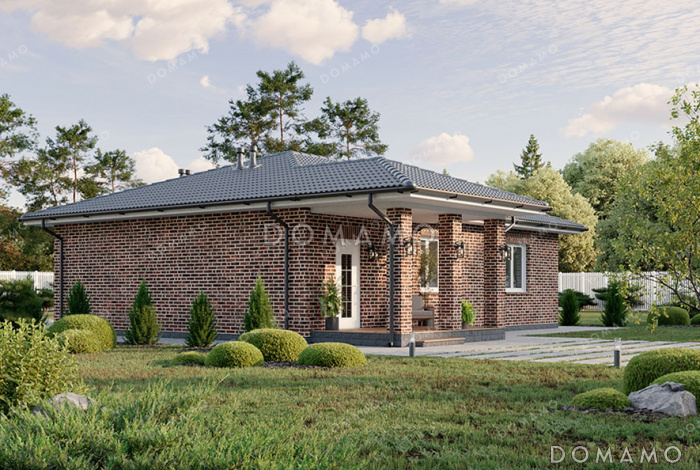 Проект одноэтажного дома, облицованного кирпичом, с тремя спальнями и террасой