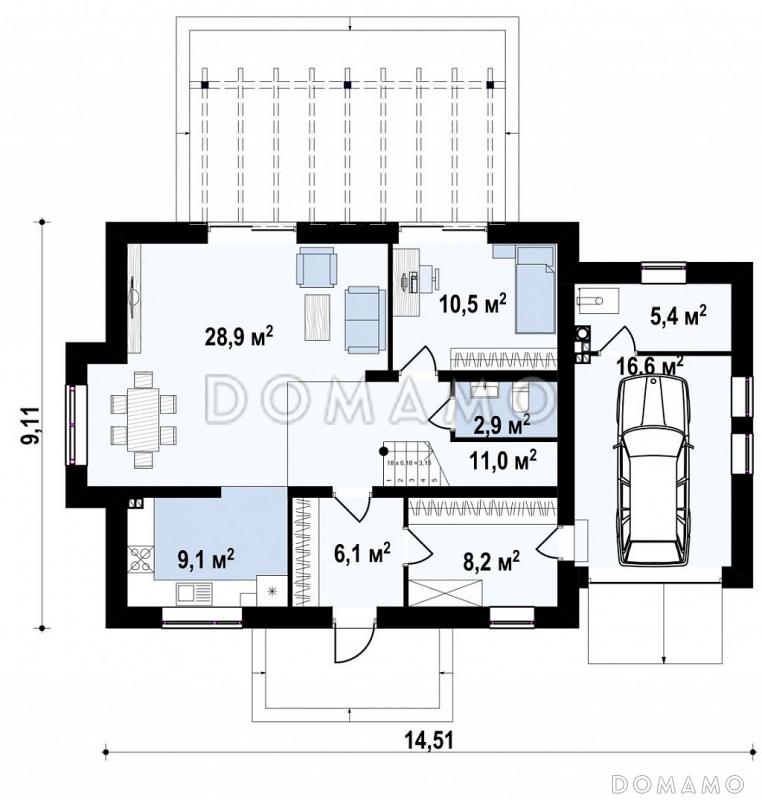 Проект одноэтажного коттеджа из кирпича с мансардным этажом, пятью спальнями и гаражом / План 1 этажа