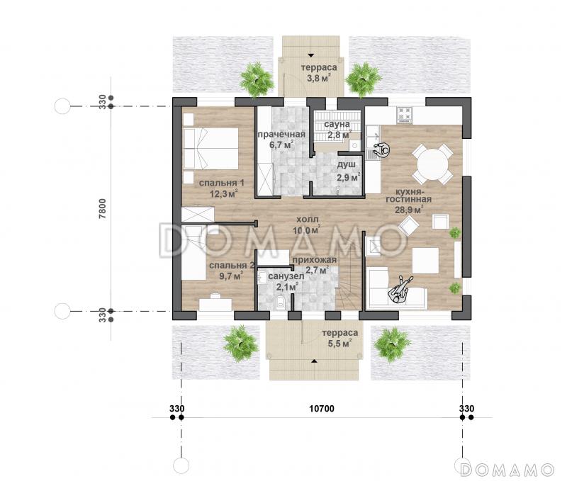 M-123 одноэтажный с мансардой дом / План 1 этажа