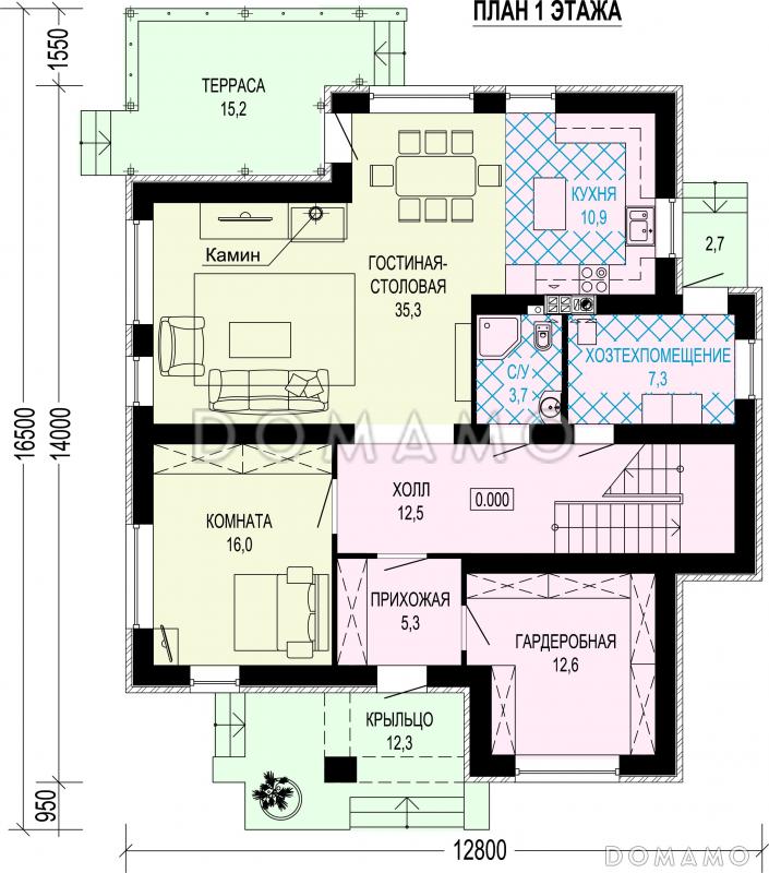 Проект двухэтажного особняка с мансардой, террасой и большой гардеробной / План 1 этажа