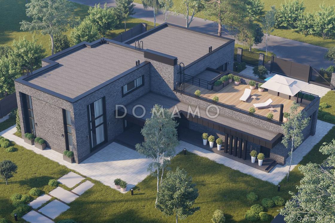 Проект кирпичного дома в стиле хай-тек с эксплуатируемой кровлей, вторым светом и просторной террасой / 2