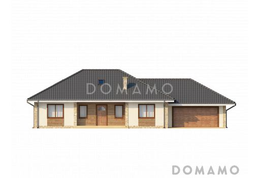 Проект одноэтажного дома из газобетона с тремя спальнями и гаражом на два автомобиля, с возможностью обустройства мансарды / Фасад 1