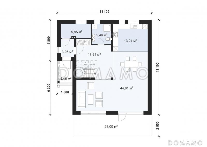 Проект компактного дома со скатной кровлей S-162 / План 1 этажа