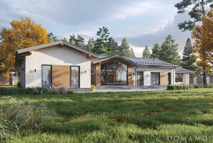 Проект одноэтажного каркасного дома Г-образной формы с навесом для автомобилей, сауной и верандой