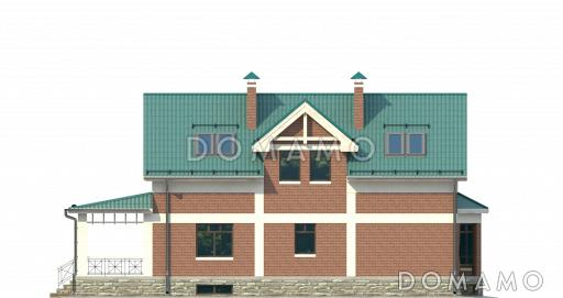 Проект великолепного дома из темного кирпича с верандой и зеленой крышей / Фасад 4