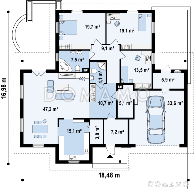 Проект просторного одноэтажного дома из кирпича с большой гостиной и  со встроенным гаражом на два автомобиля / План 1 этажа