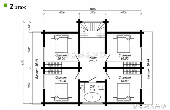 Проект дома из клееного бруса с симметричной планировкой второго этажа  / План мансардного этажа