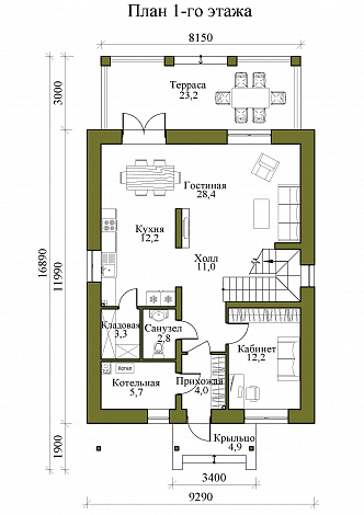 Проект двухэтажного кирпичного дома с крытой террасой и четырьмя спальнями на втором этаже / План 1 этажа