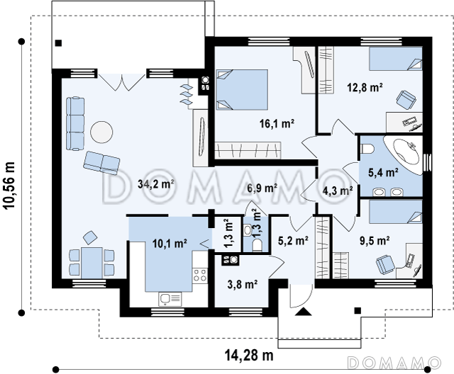 Проект одноэтажного дома из газобетона с тремя спальнями и комнатой на мансардном этаже / План 1 этажа