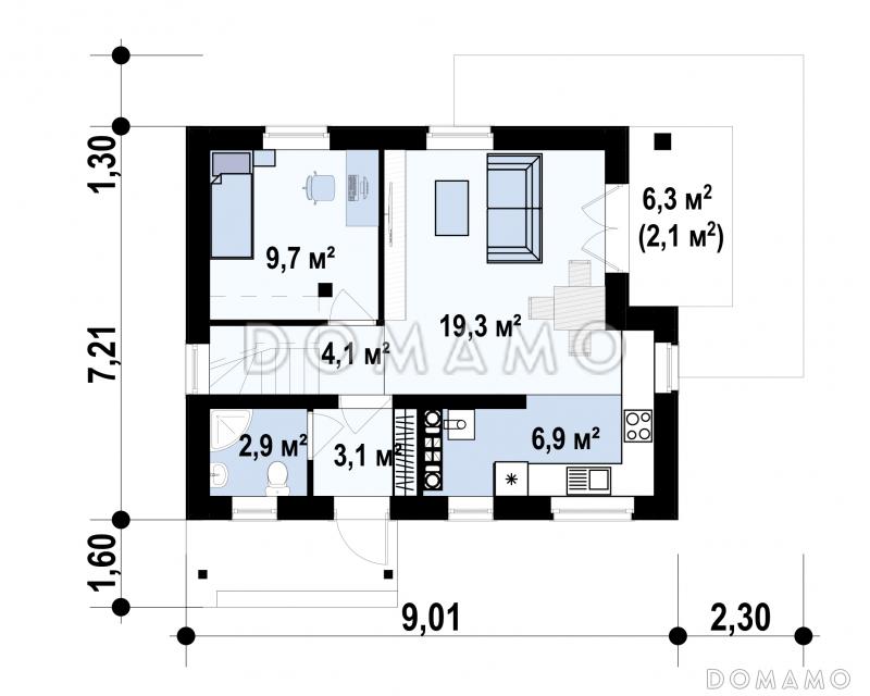 Проект дома с террасой, санузлом с окном, спальней на первом этаже / План 1 этажа