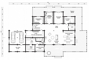Проект дома из бруса с SPA-зоной и кинотеатром / План 1 этажа Проект дома из бруса с SPA-зоной и кинотеатром / План 1 этажа