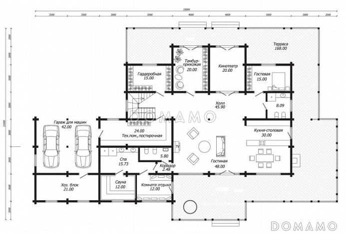 Проект дома из бруса с SPA-зоной и кинотеатром / План 1 этажа Проект дома из бруса с SPA-зоной и кинотеатром / План 1 этажа