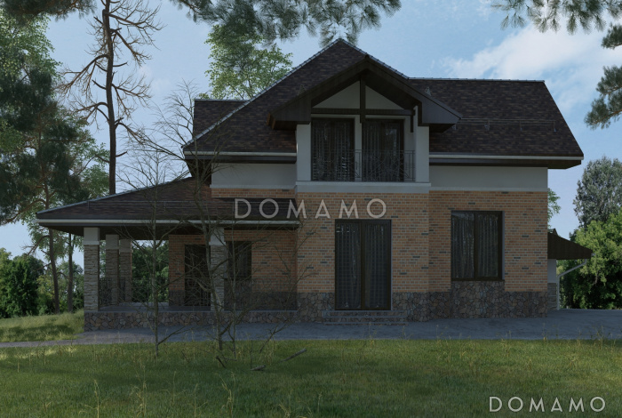 Проект дома с использованием трёх видов отелочных материалов, с навесом для автомобиля и террасой Проект дома с использованием трёх видов отелочных материалов, с навесом для автомобиля и террасой