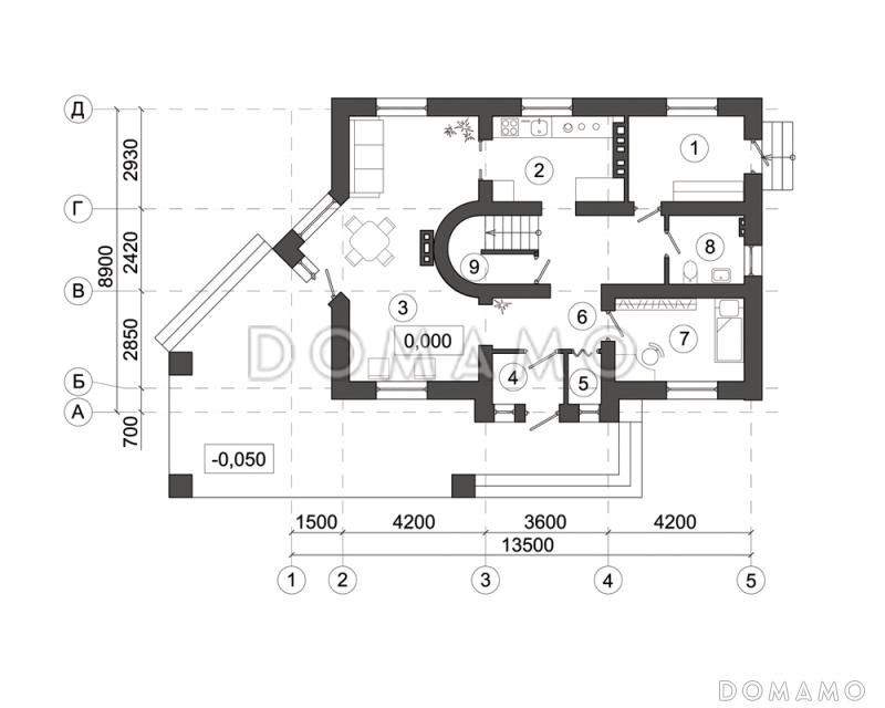 Проект просторного дома с широкой террасой и треугольным эркером / План 1 этажа