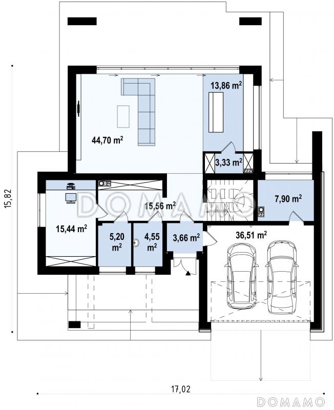 Проект просторного современного двухэтажного дома из кирпича с плоской крышей,  с пятью комнатами, гаражом и террасой на втором этаже / План 1 этажа