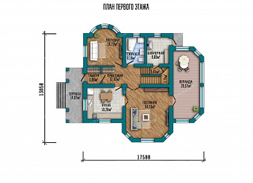 Проект двухэтажного дома с застекленной верандой / План 1 этажа