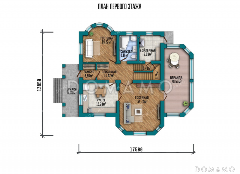 Проект двухэтажного дома с застекленной верандой / План 1 этажа