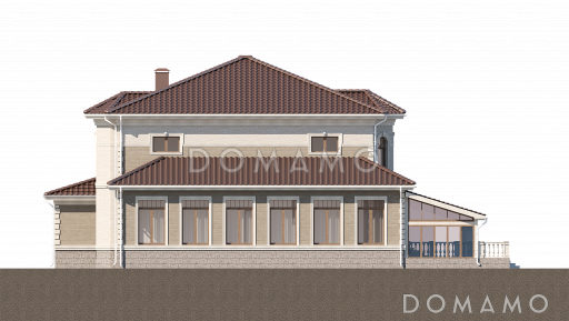 Проект дома со спортзалом, бассейном, бильярдной, просторной обеденной зоной, террасами, гаражом / Фасад 4