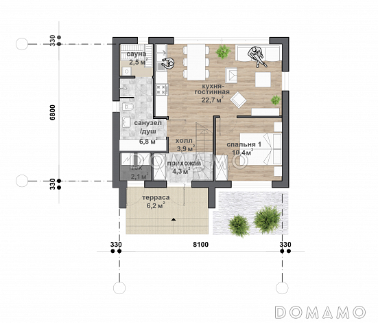M-104 одноэтажный с мансардой дом / План 1 этажа