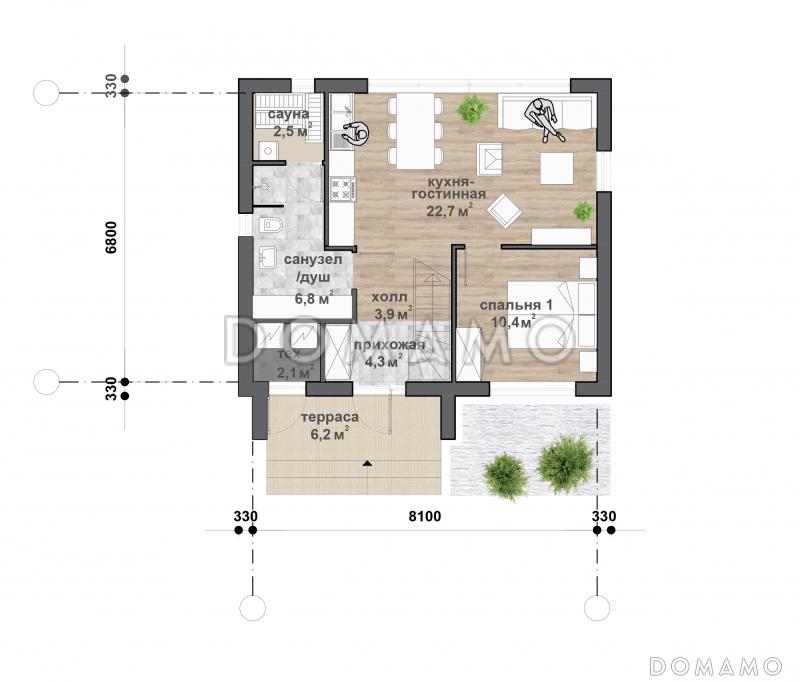M-104 одноэтажный с мансардой дом / План 1 этажа