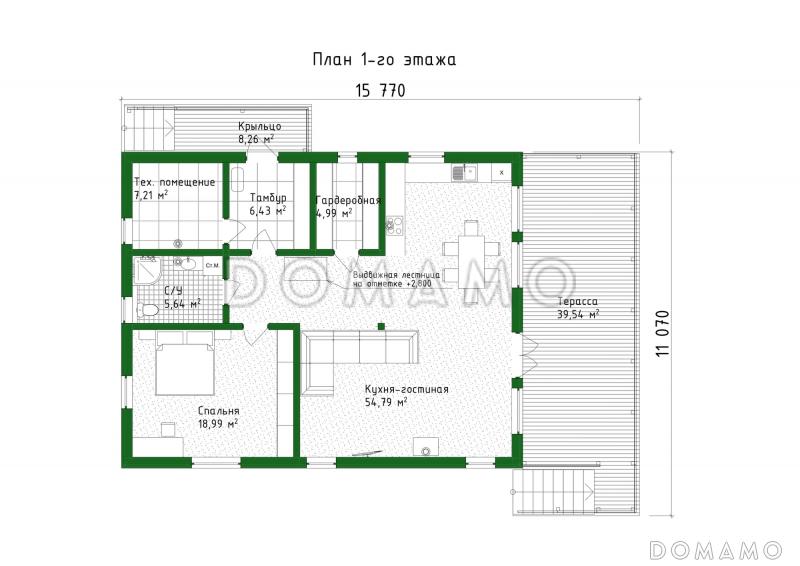 Проект каркасного дома с патио, мансардой и открытой террасой / План 1 этажа