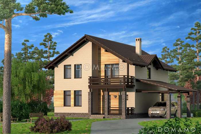 Проект двухэтажного коттеджа с облицовкой клинкером и с навесом для автомашины Проект двухэтажного коттеджа с облицовкой клинкером и с навесом для автомашины