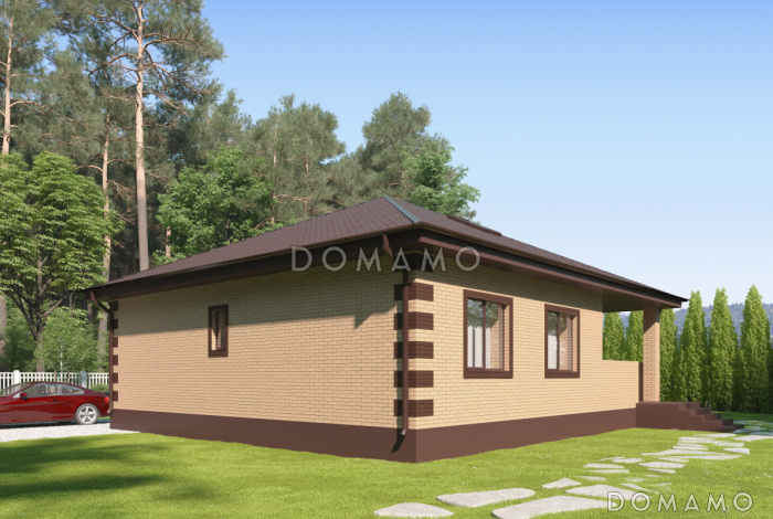 Проект одноэтажного дома с террасой, просторной кухней-столовой, кладовой в холле и спальнями Проект одноэтажного дома с террасой, просторной кухней-столовой, кладовой в холле и спальнями