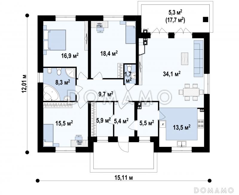 Проект одноэтажного дома с гардеробной в прихожей, просторной гостиной,  тремя спальнями, террасой / План 1 этажа