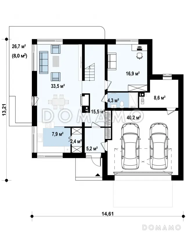 Проект кирпичного двухэтажного дома с гаражом, мастер-спальней и террасой на втором этаже / План 1 этажа