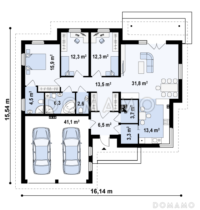 Проект одноэтажного дома из газобетона с тремя спальнями и гаражом на два автомобиля / План 1 этажа