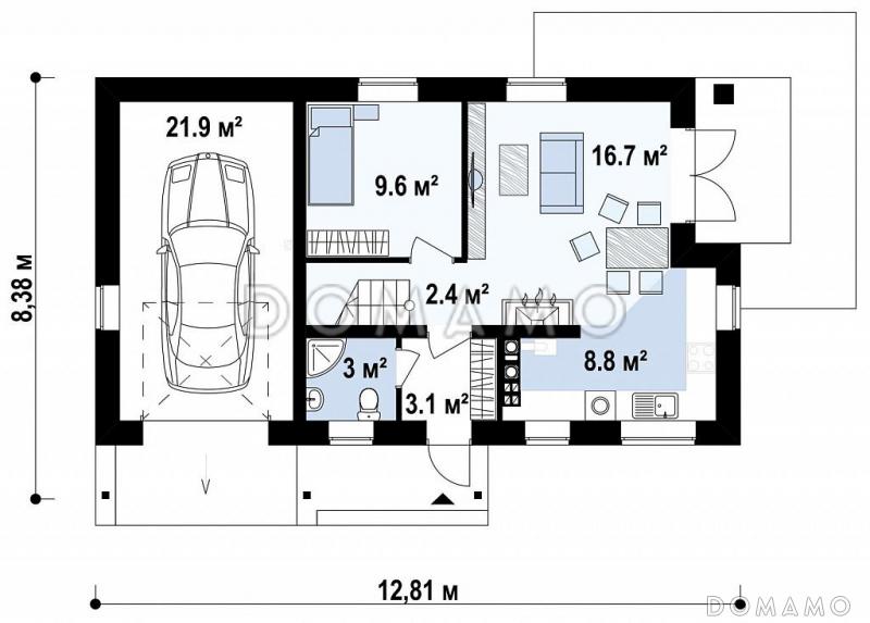 Проект мансардного дома из кирпича с четырьмя спальнями и гаражом / План 1 этажа