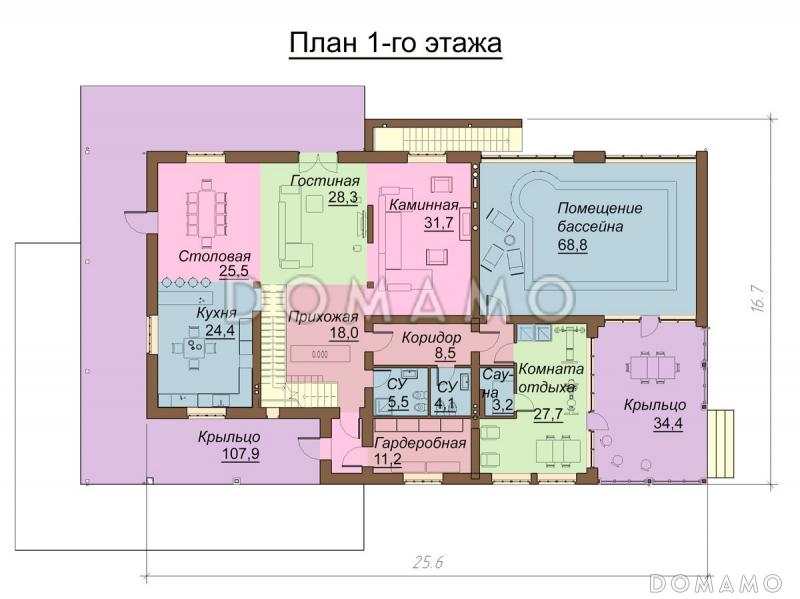 Проект большого двухэтажного коттеджа с зоной отдыха и бассейном на цокольном этаже / План 1 этажа