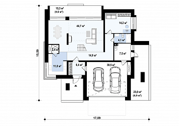 Проект дома из газобетона с кабинетом, гаражом на 2 машины и террасой на втором этаже / План 1 этажа Проект дома из газобетона с кабинетом, гаражом на 2 машины и террасой на втором этаже / План 1 этажа