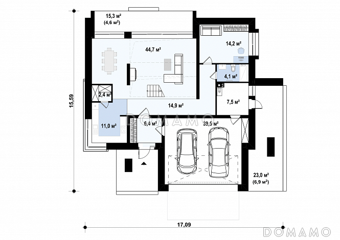 Проект дома из газобетона с кабинетом, гаражом на 2 машины и террасой на втором этаже / План 1 этажа Проект дома из газобетона с кабинетом, гаражом на 2 машины и террасой на втором этаже / План 1 этажа