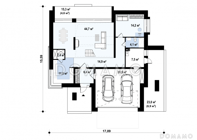 Проект дома из газобетона с кабинетом, гаражом на 2 машины и террасой на втором этаже / План 1 этажа