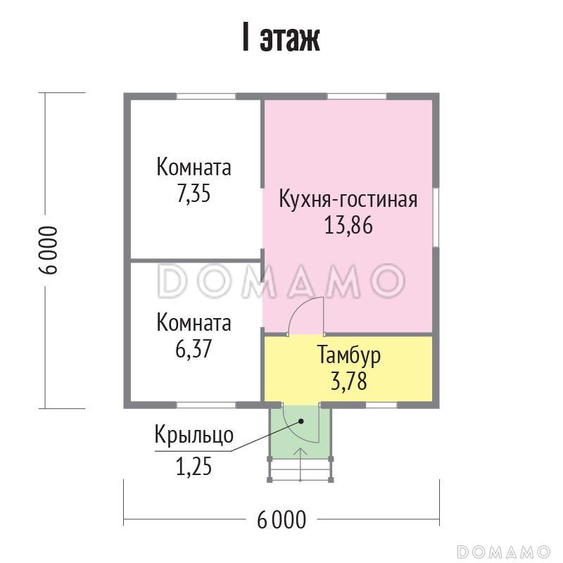 Проект дома из клееного бруса с двумя маленькими спальнями / План 1 этажа Проект дома из клееного бруса с двумя маленькими спальнями / План 1 этажа