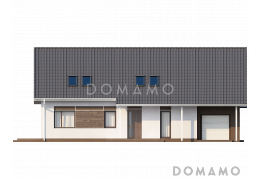 Проект одноэтажного мансардного дома из кирпича со встроенным гаражом и угловой террасой / Фасад 1
