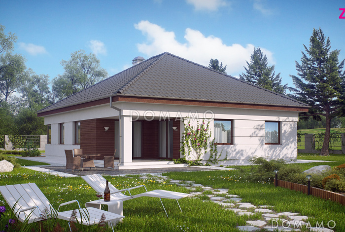 Проект просторного одноэтажного дома из газобетона с кабинетом и тремя спальнями и крытой угловой террасой