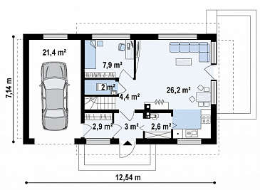 Проект компактного одноэтажного мансардного дома из кирпича с дополнительной спальней на первом этаже и гаражом / План 1 этажа Проект компактного одноэтажного мансардного дома из кирпича с дополнительной спальней на первом этаже и гаражом / План 1 этажа
