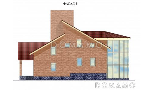 Проект одноэтажного дома с мансардой, цоколем и чердаком, со стеклянным эркером / Фасад 4