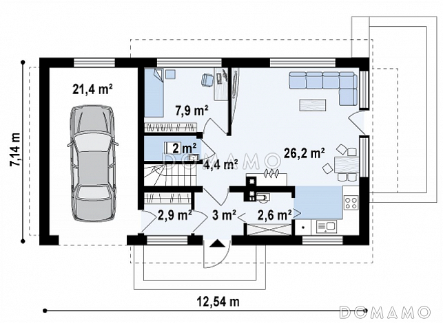 Проект компактного одноэтажного мансардного дома из кирпича с дополнительной спальней на первом этаже и гаражом / План 1 этажа Проект компактного одноэтажного мансардного дома из кирпича с дополнительной спальней на первом этаже и гаражом / План 1 этажа