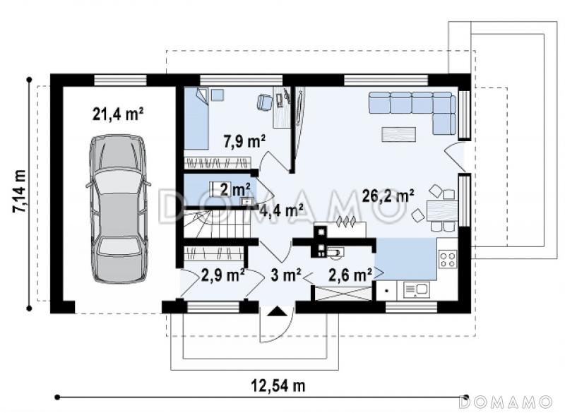 Проект компактного одноэтажного мансардного дома из кирпича с дополнительной спальней на первом этаже и гаражом / План 1 этажа