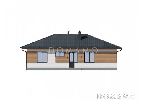 Проект одноэтажного компактного дома из кирпича с двумя спальнями, просторной дневной зоной и крытой террасой / Фасад 3