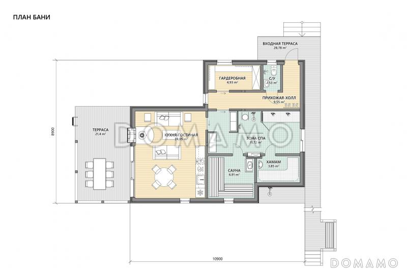 Проект кирпичного банного комплекса с сауной, хамамом и террасами / План 1 этажа
