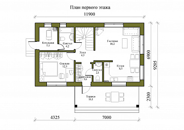 Проект компактного одноэтажного дома с мансардной и четырьмя спальнями / План 1 этажа Проект компактного одноэтажного дома с мансардной и четырьмя спальнями / План 1 этажа