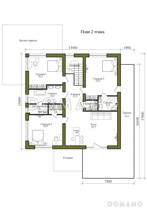 Проект двухэтажного дома с крытой террасой на первом и открытой террасой на втором этажах / План 2 этажа