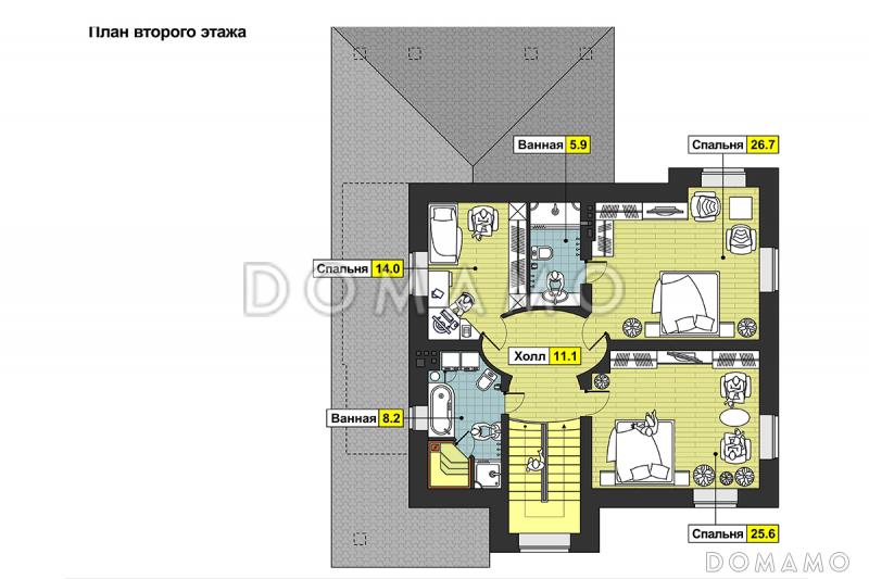 Проект дома с овальным холлом, террасой с барбекю, спальней на первом этаже, хозяйской ванной / План 2 этажа