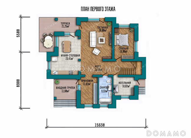 Проект одноэтажного дома с мансардой и террасой / План 1 этажа